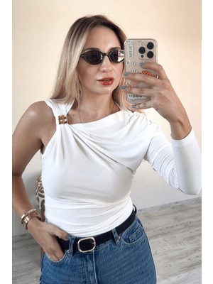 BeeYouStudio Beyaz Kol Aksesuar Detaylı Büzgülü Uzun Kollu Bluz L