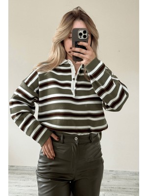 BeeYouStudio Haki Polo Yaka 3 Düğmeli Çizgili Kazak / Yeşil M