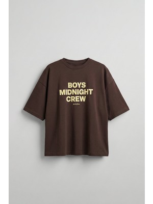 Abluka Online Erkek Boxy Fit Bisiklet Yaka Yazı Baskılı T-Shirt Kahverengi