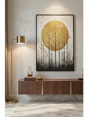 Safir Design Altın Güneş ve Minimalist Orman Silüeti Çerçeveli Tablo