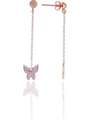Midyat Nurtaş Gümüş Kelebek Model Zirkon Taşlı Rose Kaplama Gümüş Kadın Küpe 201025011