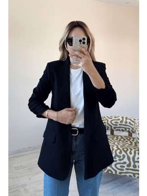 BeeYouStudio Siyah Kolları Büzgülü Kruvaze Yaka Düğmesiz Blazer Ceket