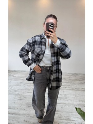 BeeYouStudio Gri Ekose Oversize Cepli Gömlek L