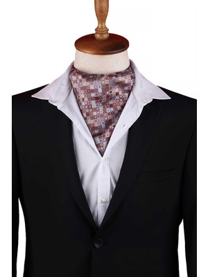 Kravatkolik Kahve - Mavi Mozaik Motif Desen Erkek Fular Ascot K670