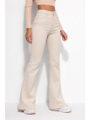 Kadın Yüksek Bel Ispanyol Paça Power Likra Kot Denim Jean