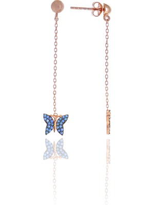 Midyat Nurtaş Gümüş Kelebek Model Firuze Taşlı Rose Kaplama Gümüş Kadın Küpe 201025004