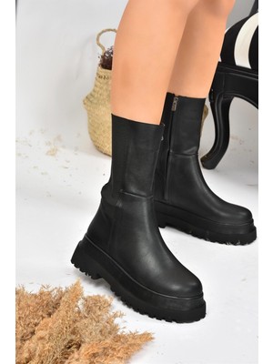 Fox Shoes Kadın Bot Siyah Kalın Taban Suni Deri Düz Topuk 6 cm