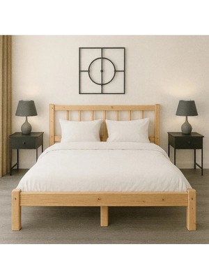 Pinoxi 160CM x 200CM Doğal Masif Ahşap Yuvarlak Çıtalı Başlıklı Karyola Doğal Ahşap Natural Renk