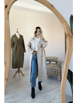 BeeYouStudio Ekru Kruvaze Yaka Kolları Kemerli Düğmeli Uzun Trençkot S