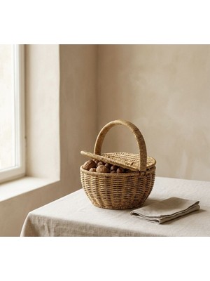 Bienca Kapaklı Rattan Hasır Sepet 20 cm – Mini Piknik Sepeti, Yumurta Sepeti, Dekoratif Saklama Sepeti