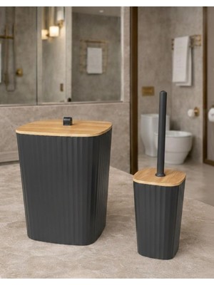 Okyanus Home Safir Yapışkanlı Gerçek Bambu Wc Fırçalık ve Çöp Kovası Seti Antrasit 2'li Banyo Seti