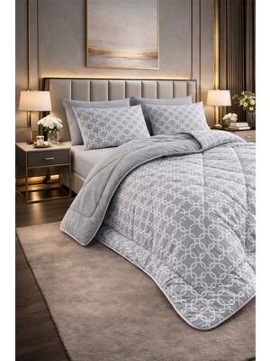 Teksnil Home Çift Kişilik Yorgan Seti Gri Zincir Desenli Welsoft,anti Alerjik,çift Taraflı (Yorgan + 2 Yastık Kılıfı)