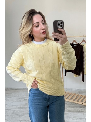 BeeYouStudio Sarı Saç Örgü Detaylı Bisiklet Yaka Kazak Standart