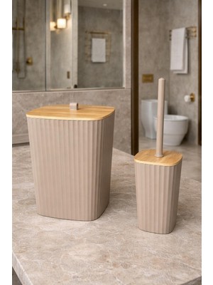 Okyanus Home Safir Yapışkanlı Gerçek Bambu Wc Fırçalık ve Çöp Kovası Seti Vizon 2'li Banyo Seti