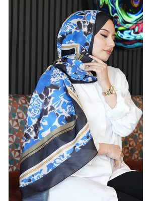 Afvente Zincir Gül Desen Saks Soft Pamuk Şal