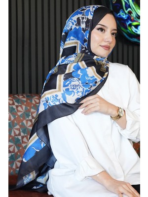 Afvente Zincir Gül Desen Saks Soft Pamuk Şal