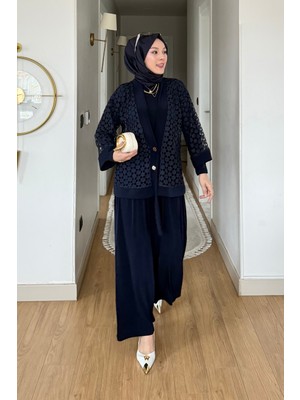 Tesettür Diyarı Virela Sendy Kumaş Hırkalı 3'lü Tesettür Takım- Lacivert