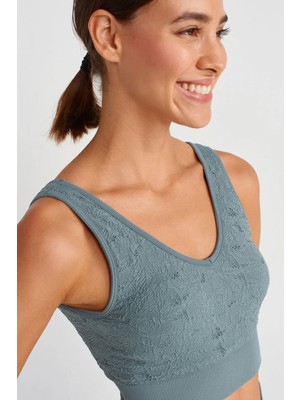 COMEUP Dantel Görünümlü Pedli V Yaka Spor Sütyeni Ikonik Mavi