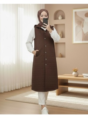 Modamorfo Önü Düğmeli Zincir Detaylı Kapşonlu Kapitone Yelek -Kahve