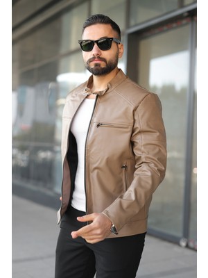 Mero Life Erkek Krem Dar Kesim Yeni Sezon Deri Ceket Mont