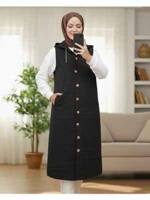 Modamorfo Önü Düğmeli Zincir Detaylı Kapşonlu Kapitone Yelek -Siyah