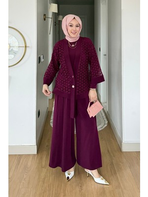 Tesettür Diyarı Virela Sendy Kumaş Hırkalı 3'lü Tesettür Takım- Bordo