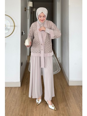 Tesettür Diyarı Virela Sendy Kumaş Hırkalı 3'lü Tesettür Takım- Bej