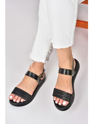 Fox Shoes Siyah Hakiki Deri Örgü Modelli Günlük Kadın Sandalet M291053603