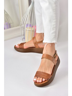 Fox Shoes Taba Hakiki Deri Örgü Modelli Günlük Kadın Sandalet M291053603