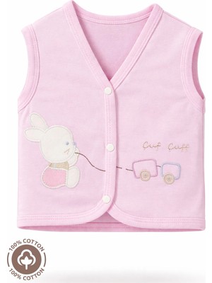 Unisex Bebek Tren Tavşan Nakışlı %100 Organik Pamuklu Penye Bebek Yelek