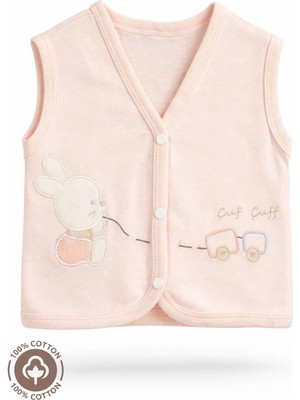Unisex Bebek Tren Tavşan Nakışlı %100 Organik Pamuklu Penye Bebek Yelek