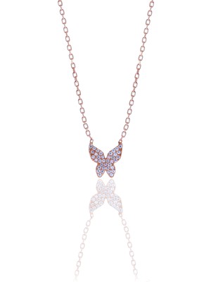 Midyat Nurtaş Gümüş Kelebek Model Zirkon Taşlı Rose Kaplama Gümüş Kadın Kolye 201025012