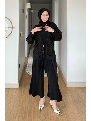 Tesettür Diyarı Virela Sendy Kumaş Hırkalı 3'lü Tesettür Takım- Siyah
