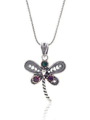 Midyat Nurtaş Gümüş Yakut ve Zümrüt Taşlı Yusufçuk Model Oksitli Telkari Kadın Gümüş Kolye 201025193