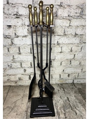 Özgürce Antik Sarı Top Başı Şömine Maşa Takımı, Şömine Aksesuarları