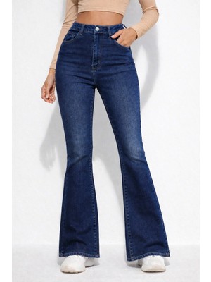 Kadın Yüksek Bel Ispanyol Paça Power Likra Kot Denim Jean
