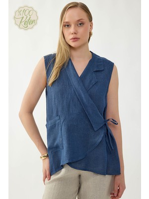 Vitrin %100 Keten Kruvaze Yaka Bağlamalı Bluz