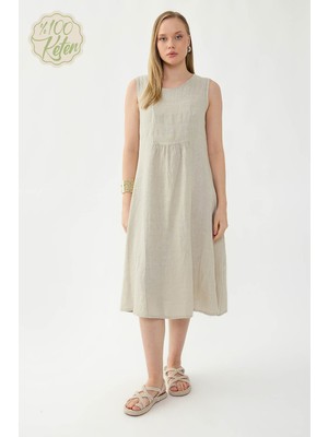 Vitrin %100 Keten Sıfır Kol Cepli Elbise