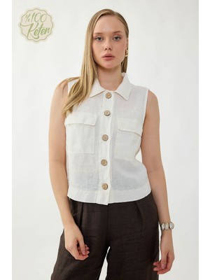 Vitrin %100 Keten Kapak Cepli Düğmeli Gömlek