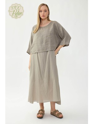 Vitrin %100 Keten Kısa Kol Uzun Elbise