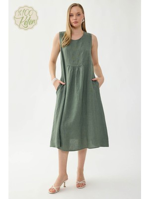 Vitrin %100 Keten Sıfır Kol Cepli Elbise