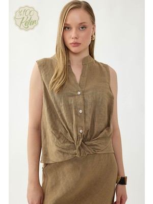 Vitrin %100 Keten Sedef Düğme Önü Büzgülü Bluz