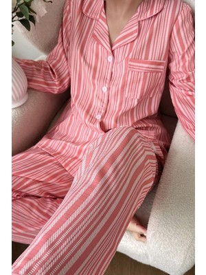 Bella Notte Pembe Düğmeli Dikey Baskılı Uzun Kollu Pijama Takımı