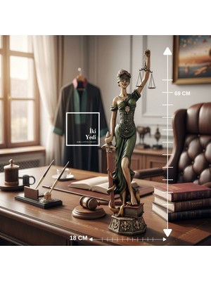 İki Yedi Konsept Themis Adalet Heykeli 69 cm Büyük Boy Dekoratif Lady Justice Avukat Ofis Hediyesi Yeşil Büro Dekoru
