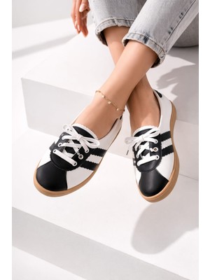 Slipcat Kadın Spor Bağcıklı Günlük Rahat Retro Çizgili Babet Ayakkabı