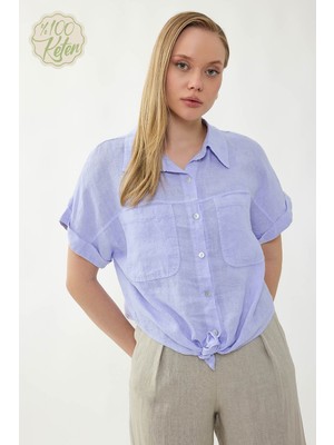 Vitrin %100 Keten Kapak Cepli Önü Bağlamalı Kısa Kol Gömlek