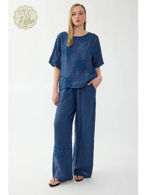 Vitrin %100 Keten Beli Lastikli Çiçek Motifli Cepli Pantolon