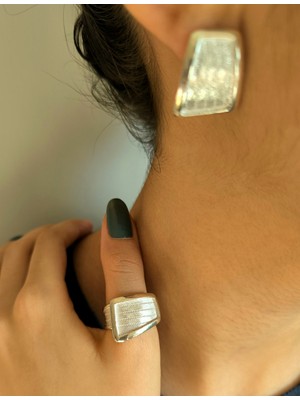 Midyat Nurtaş Gümüş Asimetrik Desenli Model Trabzon Hasırı Kadın Gümüş Küpe-Yüzük Set 201025278