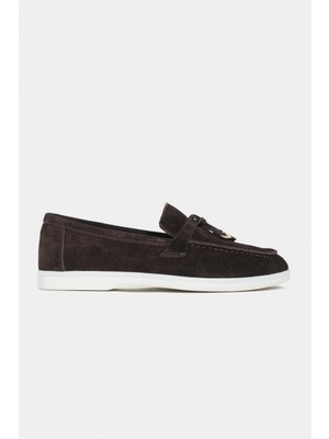 Nişantaşı Shoes Warner Bitter Kahve Hakiki Deri Püskül Detaylı  Düz Taban Kadın Babet