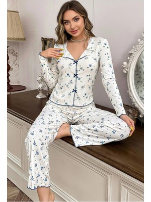 Bella Notte Mavi Çiçek Desenli V Yaka Fiyonk Detaylı Pijama Takımı